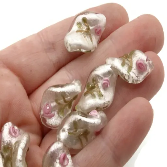 10 20mm White with Pink and Green Flower Lampwork Glass Flat Oval Twist Beads {4}