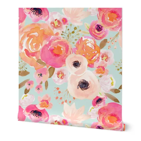 Peel & Stick Wallpaper 2FT Wide Bloom Blush Florals Blue Flower Floral Spring Nursery Easter Summer Shabby Chic Decor Custom Removable Wallpaper by Spoonflower {7}