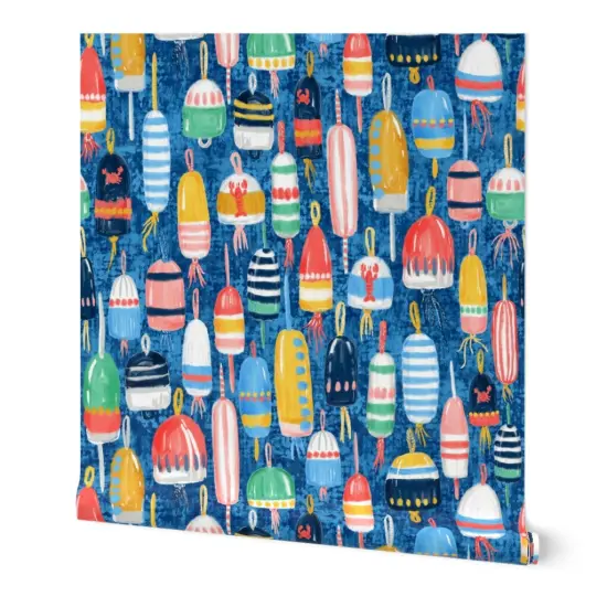 Peel & Stick Wallpaper 2FT Wide Watercolor Buoys Fishing Floats Modern Beach House Ocean Seaside Nautical Maritime Summer Vacation Custom Removable Wallpaper by Spoonflower {7}