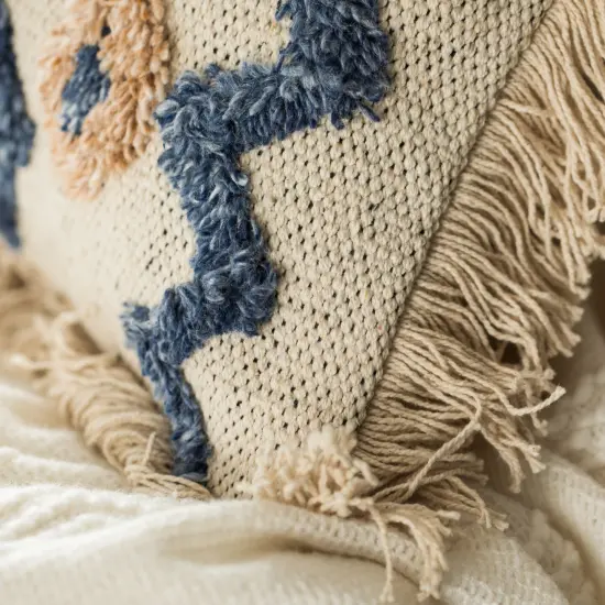 16" Handwoven Cotton & Silk Throw Fringed Pillow Cover Embossed Zig Zag & Crossed Lines Design {3}