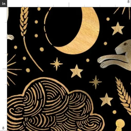 Various Fabrics by the Yard or Fat Quarter Black Rabbit Stars Clouds Gold Wheat Night Sky Harvest Moon Crescent Shooting Star Hares Comet Custom Printed Fabric by Spoonflower {4}