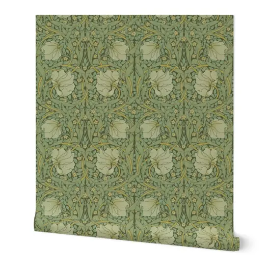 Pre-Pasted Wallpaper 2FT Wide Green Vines Flower Damask Victorian Floral Sage William Morris Custom Pre-pasted Wallpaper by Spoonflower {4}
