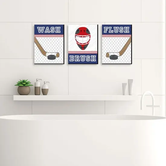 Big Dot of Happiness Shoots and Scores - Hockey - Kids Bathroom Rules Wall Art - 7.5 x 10 inches - Set of 3 Signs - Wash, Brush, Flush {3}
