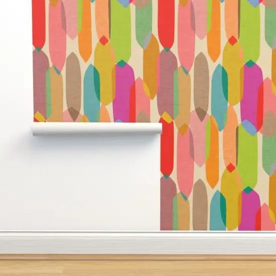 Pre-Pasted Wallpaper 2FT Wide Mid Century Modern Art Colourful Rainbow Kaleidescope Retro Pop 1950S Large Scale Textured Linen Custom Pre-pasted Wallpaper by Spoonflower {2}