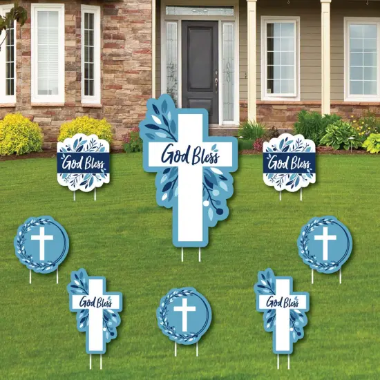Big Dot of Happiness Blue Elegant Cross - Yard Sign and Outdoor Lawn Decorations - Boy Religious Party Yard Signs - Set of 8 {1}