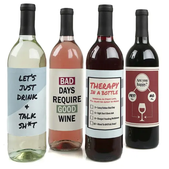 Big Dot of Happiness Therapy in a Bottle - Rough Day Decorations for Women and Men - Wine Bottle Label Stickers - Set of 4 {1}