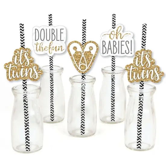 Big Dot of Happiness It's Twins - Paper Straw Decor - Gold Twins Baby Shower Striped Decorative Straws - Set of 24 {1}