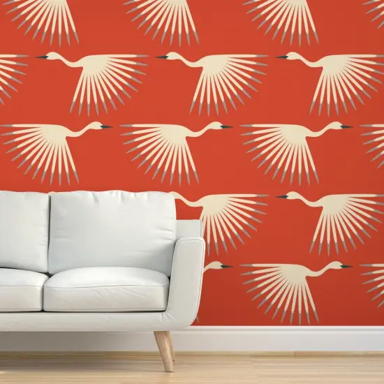 Pre-Pasted Wallpaper 2FT Wide 1920S Art Deco Swan Crane Bird Flock Migrate Fly Sunburst Fan Animal Air Formation Flight Orange Red Gray Cream Vermilion Long Neck Wings Custom Pre-pasted Wallpaper by Spoonflower {5}