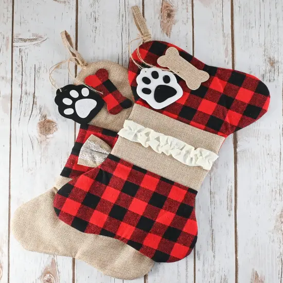 Ornativity Christmas Plaid Pet Stocking - Cute Buffalo Plaid Doggy Bone Paw Stockings for Puppy Dog Pets Set - Pack of 2 {3}