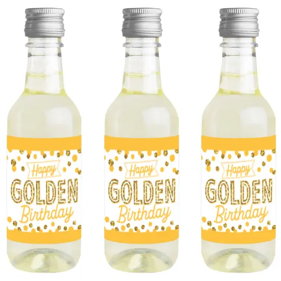 Big Dot of Happiness Golden Birthday - Mini Wine and Champagne Bottle Label Stickers - Happy Birthday Party Favor Gift for Women and Men - Set of 16 {1}
