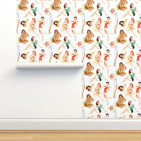 Peel & Stick Wallpaper 2FT Wide Pinup Girls Retro Women Vintage Style Tropical Hawaiian Custom Removable Wallpaper by Spoonflower {2}