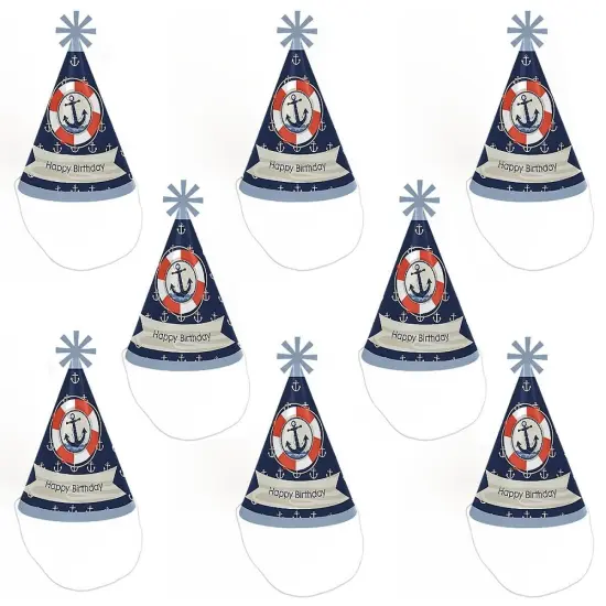 Big Dot of Happiness Ahoy - Nautical - Cone Happy Birthday Party Hats for Kids and Adults - Set of 8 (Standard Size) {7}