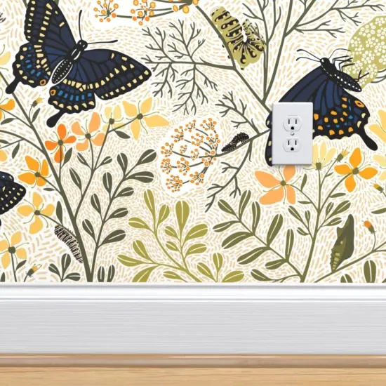 Pre-Pasted Wallpaper 2FT Wide Garden Butterflies Flowers Butterfly Bag Garden Botanical Dill Herbs Caterpillar Swallowtail Rue Chrysalis Custom Pre-pasted Wallpaper by Spoonflower {4}