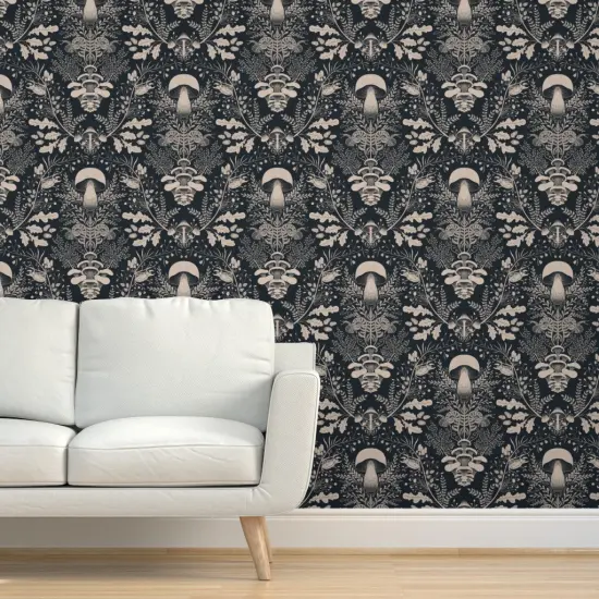 Pre-Pasted Wallpaper 2FT Wide Mushroom Damask Floral Forest Snail Ferns Acorn Beetles Leaves Oak Porcini Outdoors Nature Custom Pre-pasted Wallpaper by Spoonflower {5}