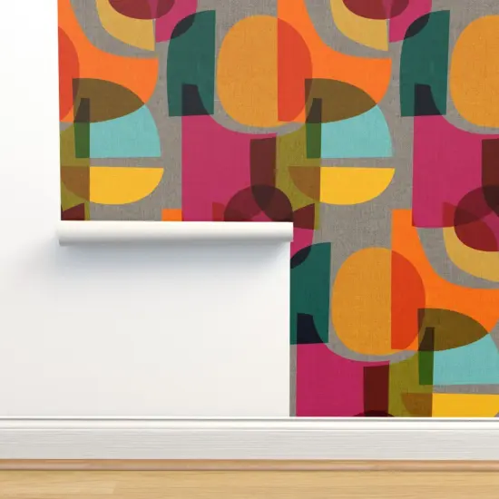 Pre-Pasted Wallpaper 2FT Wide Midcentury Modern Bright Geometric Retro Abstract Colorful Shapes Custom Pre-pasted Wallpaper by Spoonflower {2}