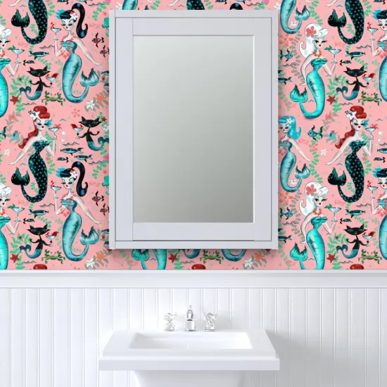 Peel & Stick Wallpaper 2FT Wide Martini Mermaids Coral Vintage Mermaid Retro Nautical Mid Century Ocean Princess Custom Removable Wallpaper by Spoonflower {6}