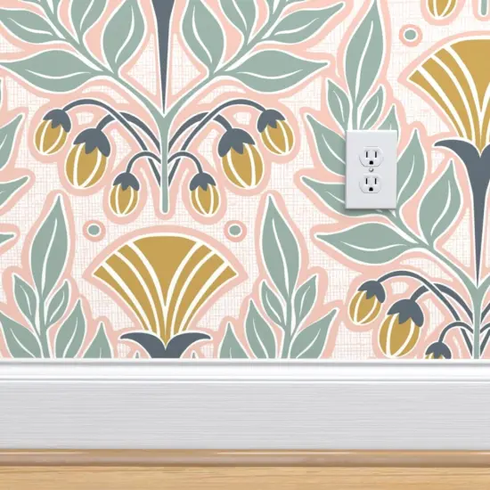 Peel & Stick Wallpaper 2FT Wide Blush Pink Art Nouveau Floral Scale Flowers Gold Mustard Spring Vintage Custom Removable Wallpaper by Spoonflower {4}