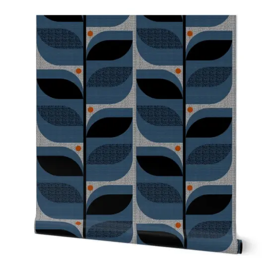 Peel & Stick Wallpaper 2FT Wide Mod Leaves Faux Textures Look Large Scale Denim Blue Retro Inspired Atomic Era 1950S 1960S Custom Removable Wallpaper by Spoonflower {7}