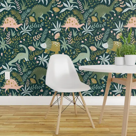 Peel & Stick Wallpaper 2FT Wide Botanical Dinosaurs Green Pink Animals Jurassic Kids Children Prehistoric Custom Removable Wallpaper by Spoonflower {1}