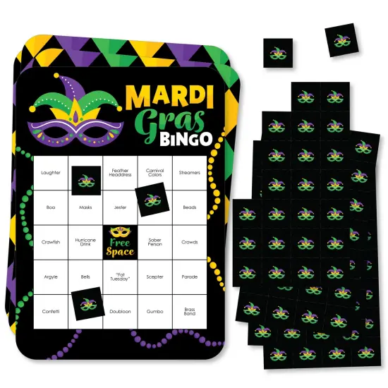 Big Dot of Happiness Colorful Mardi Gras Mask - Bingo Cards and Markers - Masquerade Party Bingo Game - Set of 18 {1}