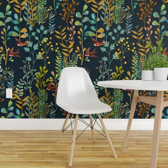 Peel & Stick Wallpaper 2FT Wide Botanical Watercolor Fern Nature Plant Garden Nursery Custom Removable Wallpaper by Spoonflower {1}