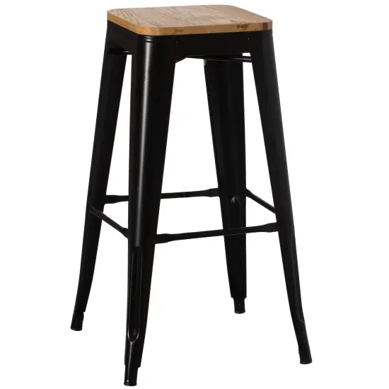 Decorative Accent Bar Stool for Indoor and Outdoor, Wooden Brown and Metal Black {1}