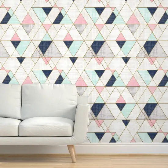 Peel & Stick Wallpaper 2FT Wide Navy Mint Pink Triangles Geo Geometric Mid Century Custom Removable Wallpaper by Spoonflower {5}