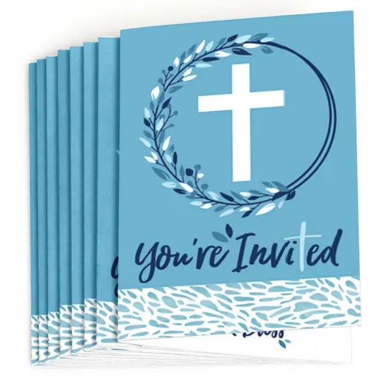Big Dot of Happiness Blue Elegant Cross - Fill In Boy Religious Party Invitations (8 count) {3}