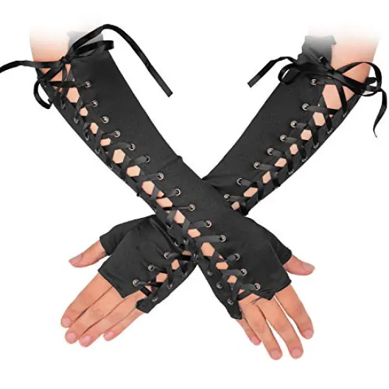 Fingerless Lace Up Gloves - Long Black Costume Elbow Arm Warmer Accessories with Black Satin Laced Tie for Dress Up {1}