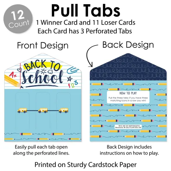 Big Dot of Happiness Back to School - First Day of School Classroom Game Pickle Cards - Pull Tabs 3-in-a-Row - Set of 12 {6}