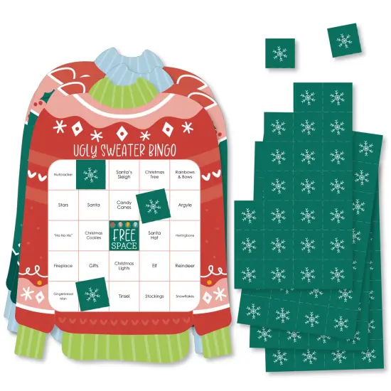 Big Dot of Happiness Colorful Christmas Sweaters - Bingo Cards and Markers - Ugly Sweater Holiday Party Shaped Bingo Game - Set of 18 {1}