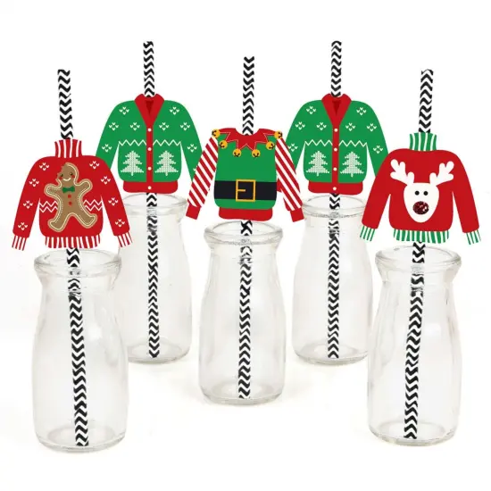 Big Dot of Happiness Ugly Sweater Paper Straw Decor - Holiday and Christmas Party Striped Decorative Straws - Set of 24 {1}