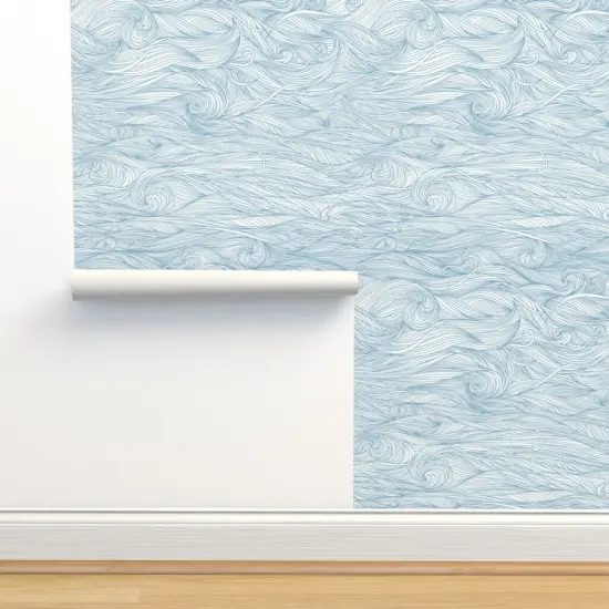 Peel & Stick Wallpaper 2FT Wide Abstract Blue Waves Lines Swirls Water Like Geometric Nautical Custom Removable Wallpaper by Spoonflower {2}