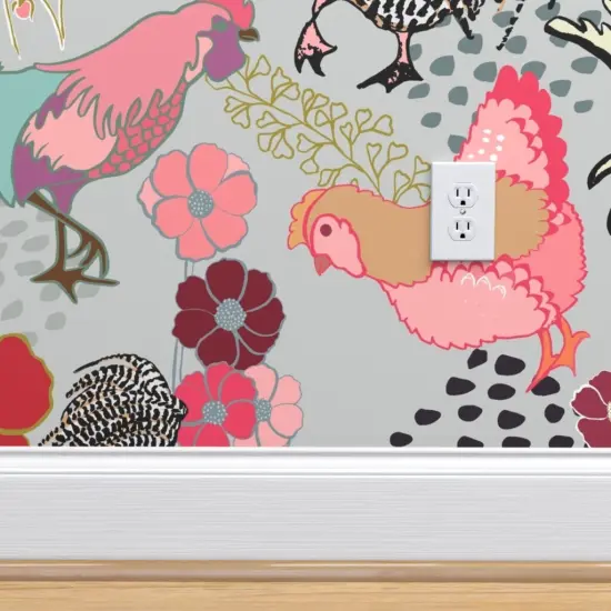 Peel & Stick Wallpaper 2FT Wide Rooster Parade Barnyard Chickens Farm Birds Floral Print Roosters Fowl Pink Custom Removable Wallpaper by Spoonflower {4}