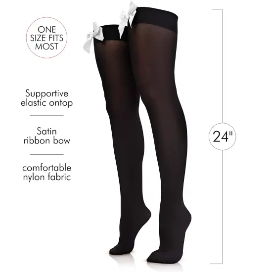 Bow Accent Thigh Highs - Black Over the Knee High Stockings with White Satin Ribbon Bow Accent for Women and Girls {6}