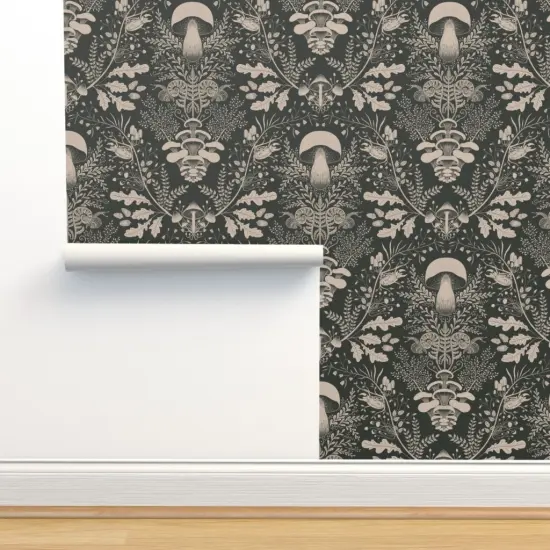 Peel & Stick Wallpaper 2FT Wide Neutral Woodland Dark Green Cream Beige Forest Damask Mushroom Gray Custom Removable Wallpaper by Spoonflower {2}