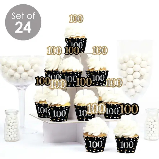 Big Dot of Happiness Adult 100th Birthday - Gold - Cupcake Decoration - Birthday Party Cupcake Wrappers and Treat Picks Kit - Set of 24 {3}