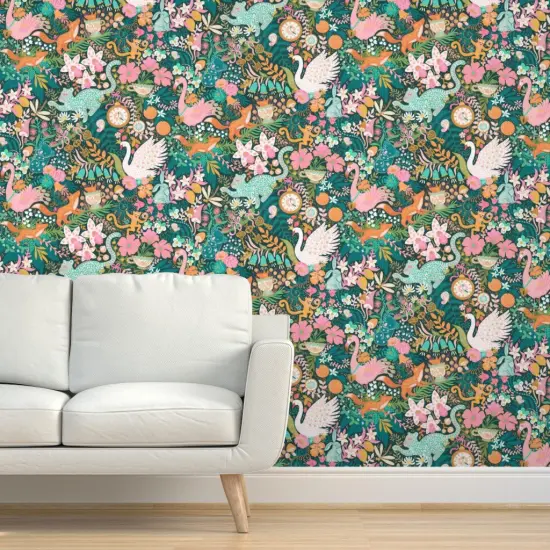 Pre-Pasted Wallpaper 2FT Wide Tea Time Teal Turquoise Keys Citrus Monkey Flamingo Swan Fox Custom Pre-pasted Wallpaper by Spoonflower {5}