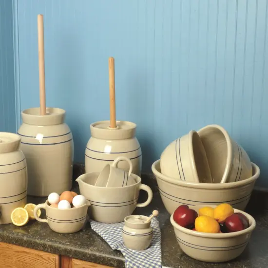 Martinez Pottery Heritage Blue Stripe Stoneware Batter Bowl Handmade 12 Cup {5}