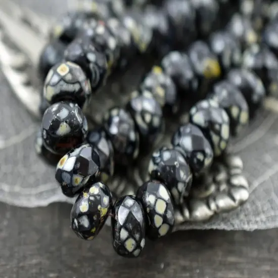*25* 5x8mm Jet Picasso Faceted Large Hole Rondelle Roller Beads {2}