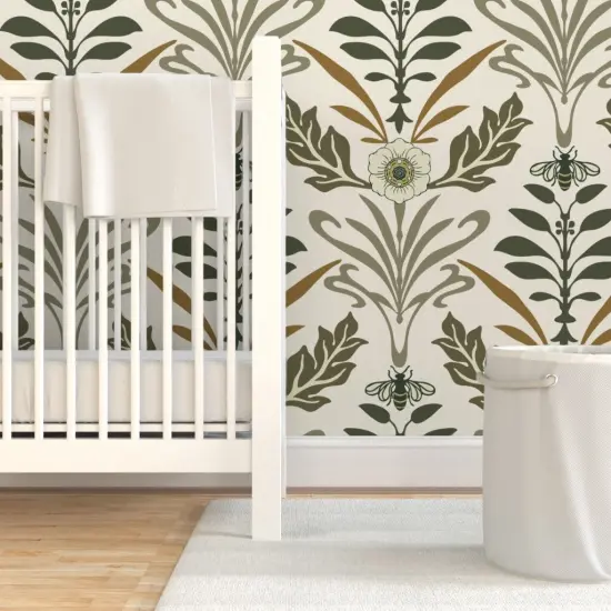 Pre-Pasted Wallpaper 2FT Wide Elegant Floral Vintage Inspired Neutral Nature Large Scale Art Nouveau Custom Pre-pasted Wallpaper by Spoonflower {7}