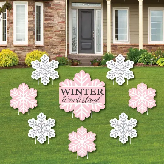 Big Dot of Happiness Pink Winter Wonderland - Yard Sign and Outdoor Lawn Decor - Holiday Snowflake Birthday Party or Baby Shower Yard Signs - Set of 8 {1}