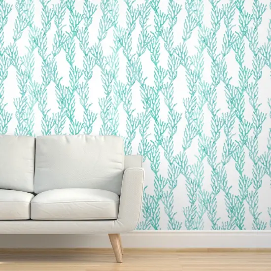 Pre-Pasted Wallpaper 2FT Wide Coral Ocean Teal Aqua Trendy Mermaid Nursery Little Arrow Custom Pre-pasted Wallpaper by Spoonflower {5}