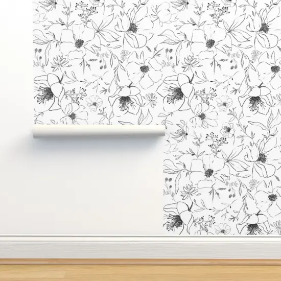 Peel & Stick Wallpaper 2FT Wide Black And White Flower Drawing Blossoms Leaves Floral Nature Botanical Monochrome Custom Removable Wallpaper by Spoonflower {2}