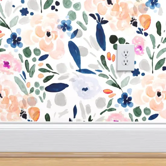 Pre-Pasted Wallpaper 2FT Wide Pastel Floral Watercolor Garden Flowers Bohemian Girly Botanical Custom Pre-pasted Wallpaper by Spoonflower {4}