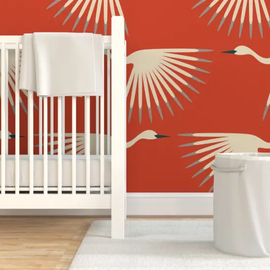 Pre-Pasted Wallpaper 2FT Wide 1920S Art Deco Swan Crane Bird Flock Migrate Fly Sunburst Fan Animal Air Formation Flight Orange Red Gray Cream Vermilion Long Neck Wings Custom Pre-pasted Wallpaper by Spoonflower {7}