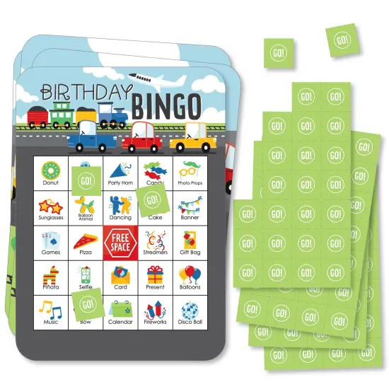 Big Dot of Happiness Cars, Trains, and Airplanes - Picture Bingo Cards and Markers - Transportation Birthday Party Shaped Bingo Game - Set of 18 {1}