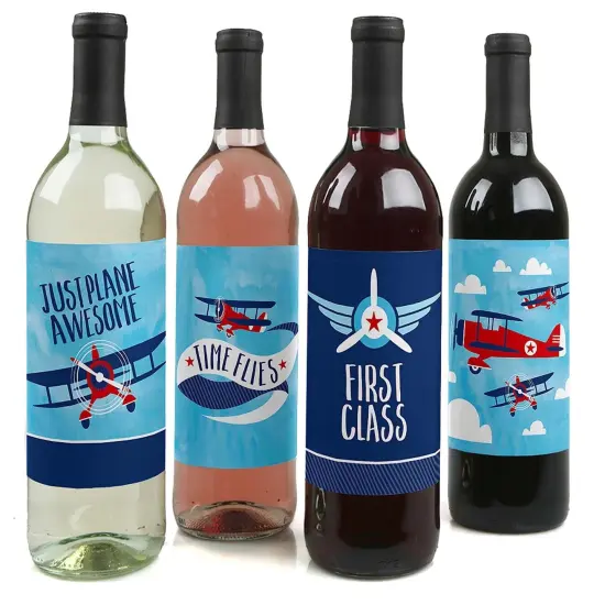 Big Dot of Happiness Taking Flight - Airplane - Vintage Plane Baby Shower or Birthday Party Decorations - Wine Bottle Label Stickers - Set of 4 {1}