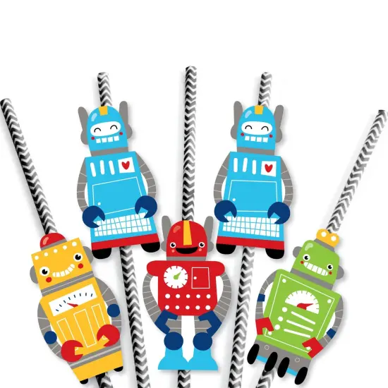 Big Dot of Happiness Gear Up Robots - Paper Straw Decor - Birthday Party or Baby Shower Striped Decorative Straws - Set of 24 {7}