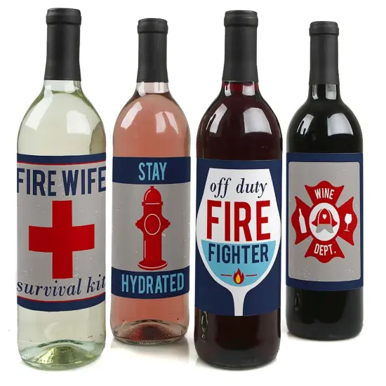 Big Dot of Happiness Fired Up Fire Truck - Firefighter Decorations for Women and Men - Firetruck Party Wine Bottle Label Stickers - Set of 4 {1}